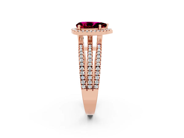 Rose gold Pear Cut Garnet Halo Engagement Ring with Split Shank and Four-Prong Setting
