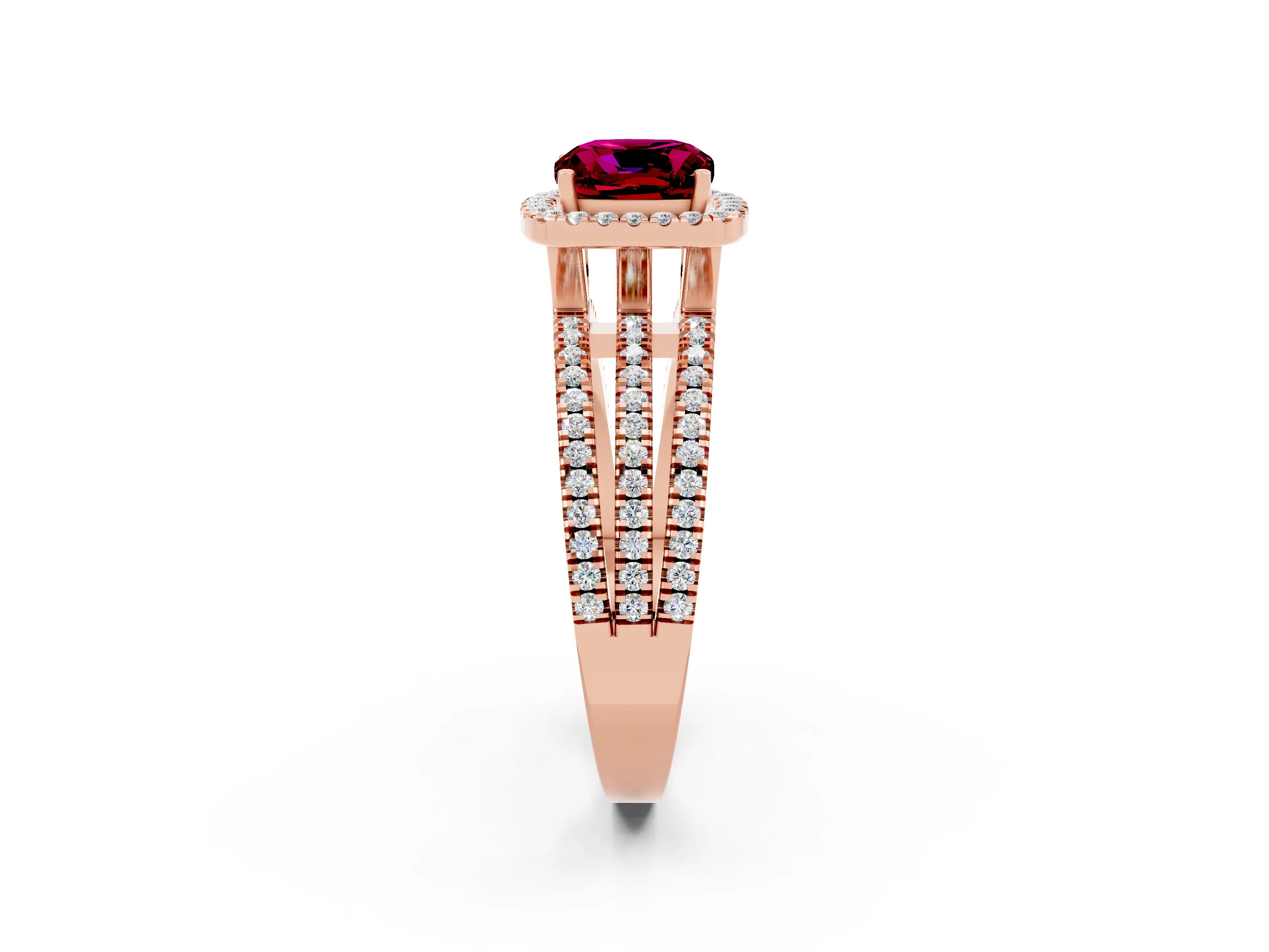 Rose gold {shape_name} Garnet Halo Engagement Ring with Split Shank and Four-Prong Setting_2