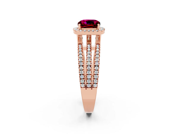 Rose gold Cushion Cut Garnet Halo Engagement Ring with Split Shank and Four-Prong Setting