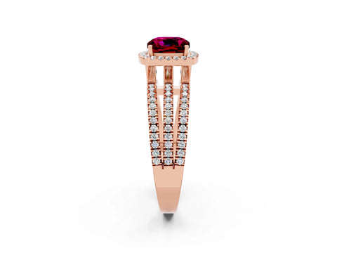 Rose gold {shape_name} Garnet Halo Engagement Ring with Split Shank and Four-Prong Setting_2