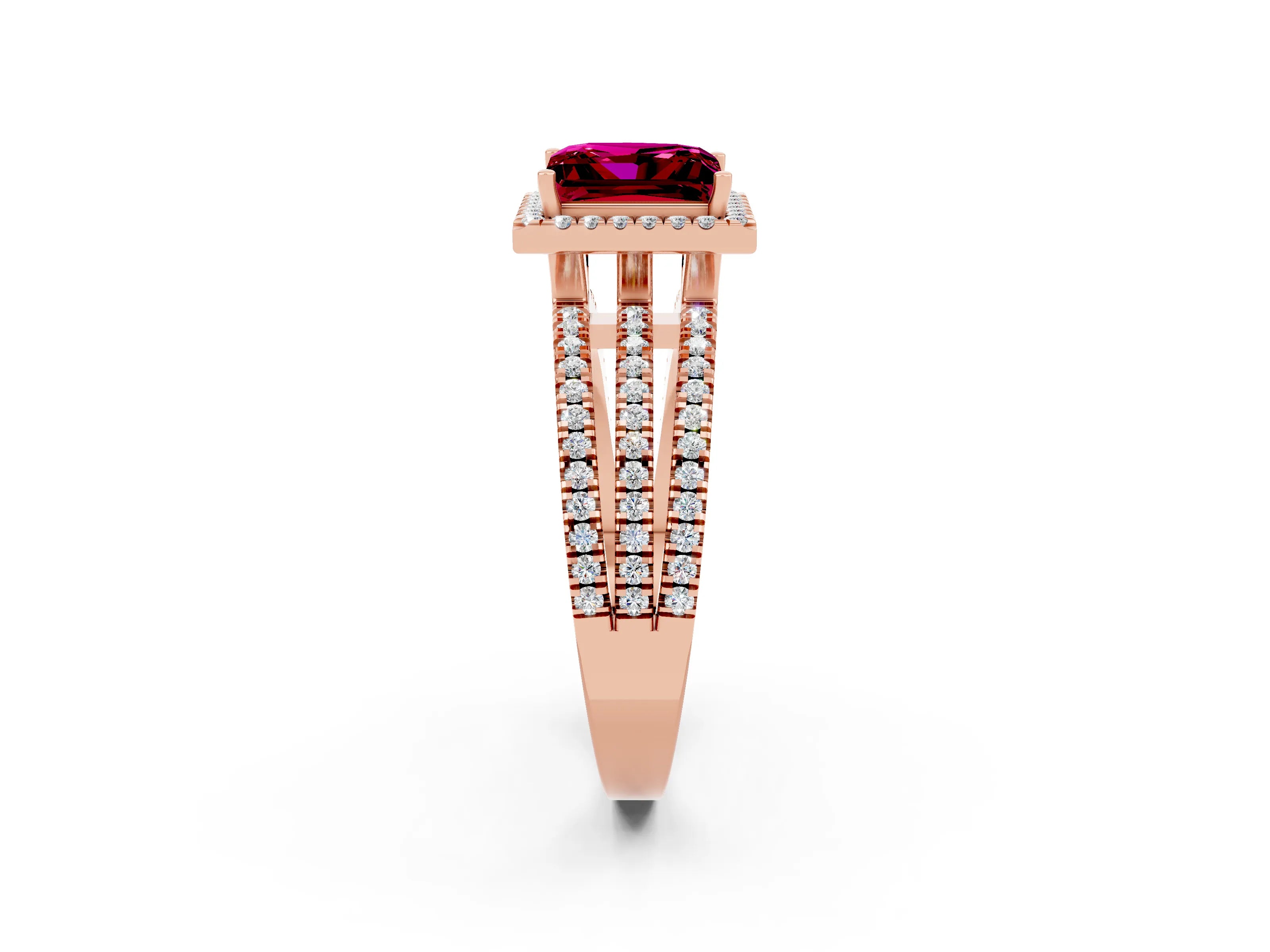 Rose gold {shape_name} Garnet Halo Engagement Ring with Split Shank and Four-Prong Setting_2