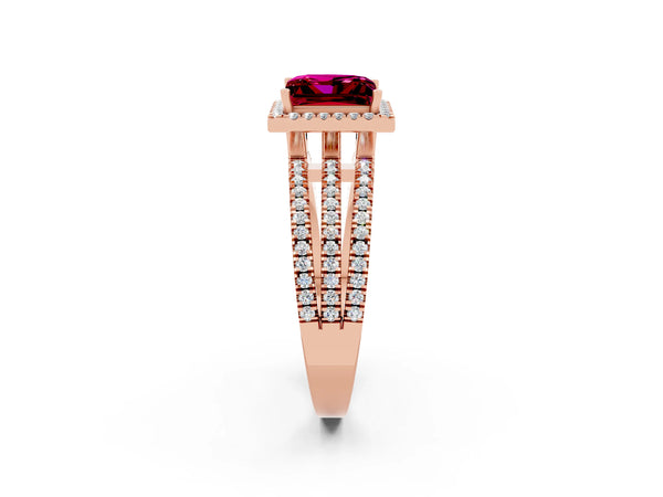 Rose gold Princess Cut Garnet Halo Engagement Ring with Split Shank and Four-Prong Setting