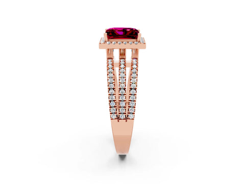 Rose gold {shape_name} Garnet Halo Engagement Ring with Split Shank and Four-Prong Setting_2