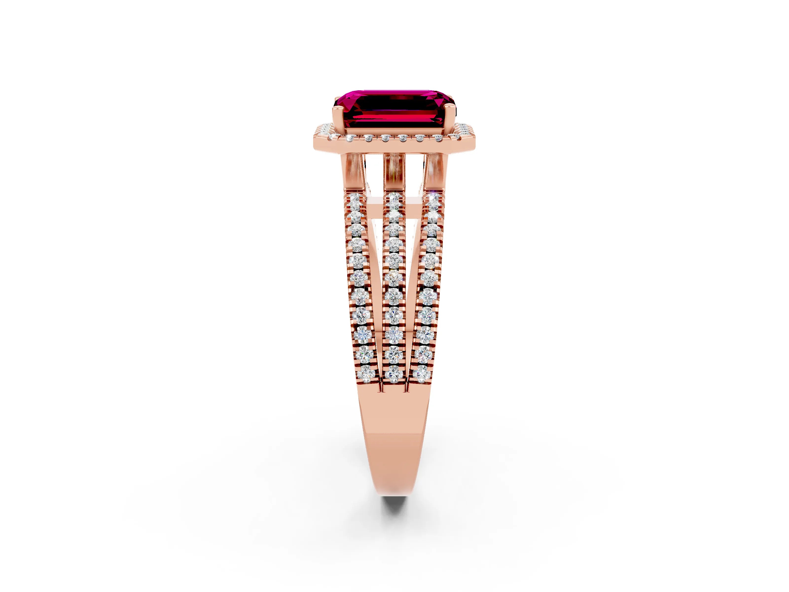 Rose gold {shape_name} Garnet Halo Engagement Ring with Split Shank and Four-Prong Setting_2