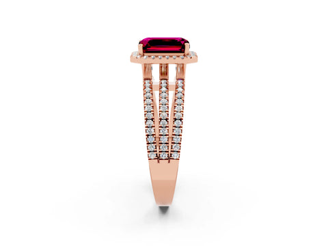 Rose gold {shape_name} Garnet Halo Engagement Ring with Split Shank and Four-Prong Setting_2