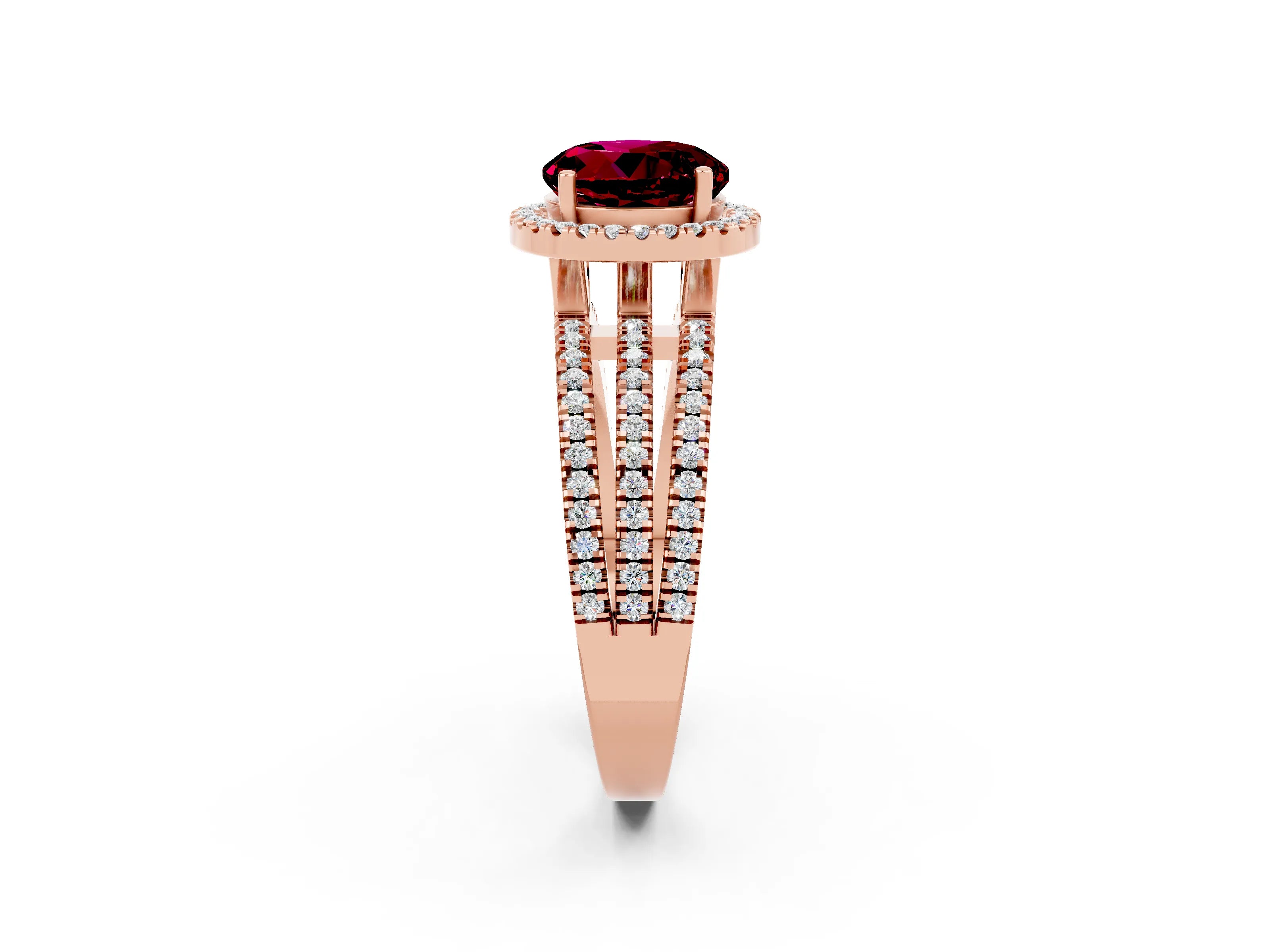 Rose gold {shape_name} Garnet Halo Engagement Ring with Split Shank and Four-Prong Setting_2
