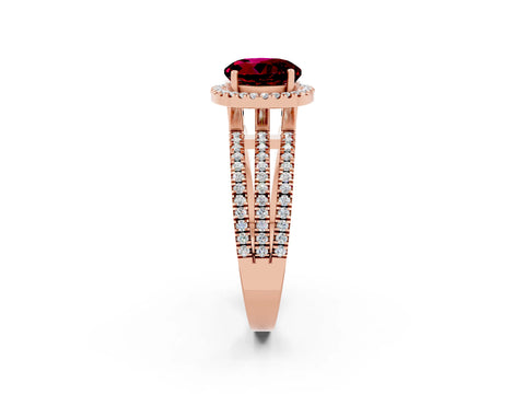 Rose gold {shape_name} Garnet Halo Engagement Ring with Split Shank and Four-Prong Setting_2