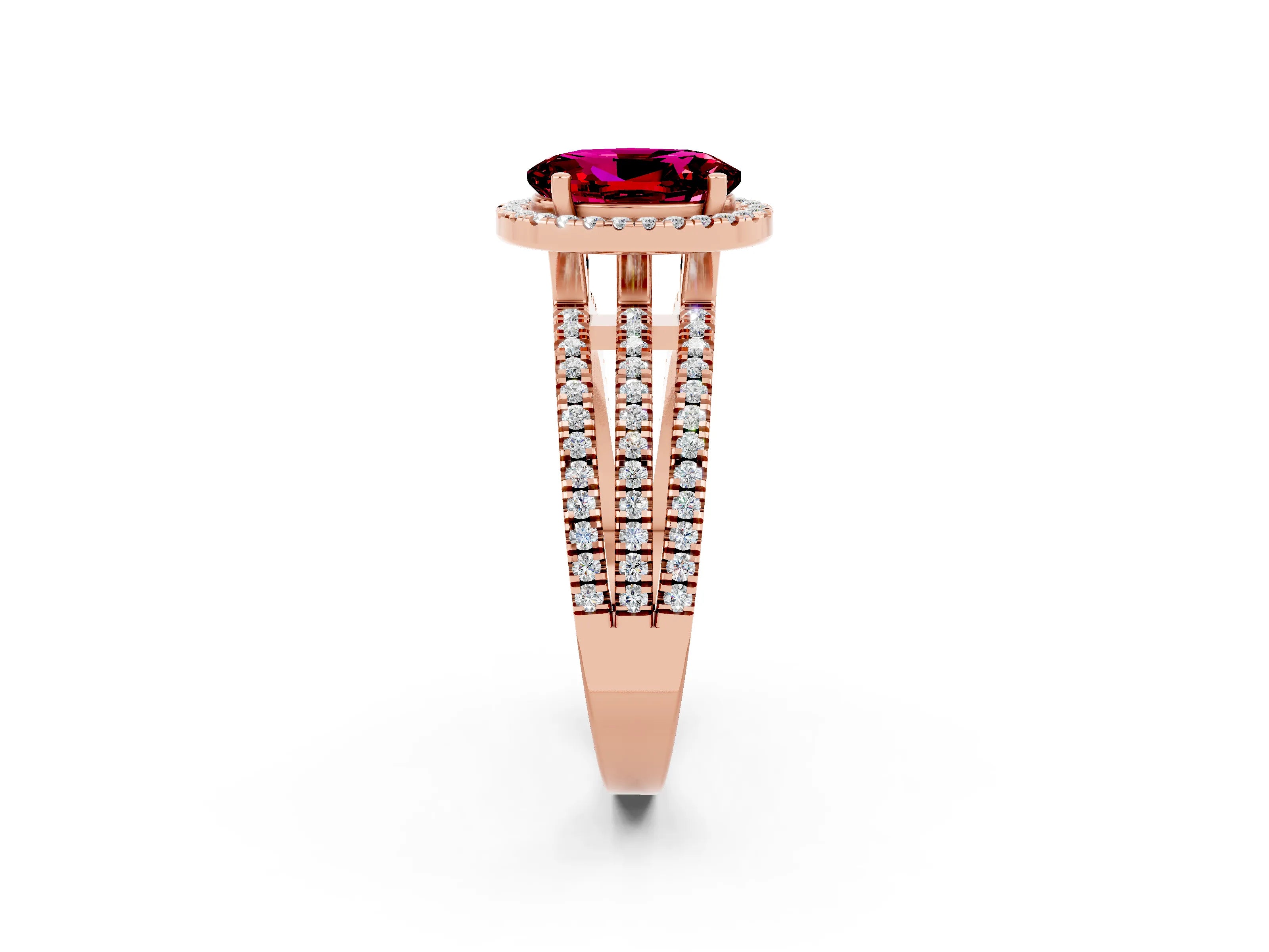Rose gold {shape_name} Garnet Halo Engagement Ring with Split Shank and Four-Prong Setting_2