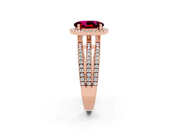 Rose gold Oval Cut Garnet Halo Engagement Ring with Split Shank and Four-Prong Setting