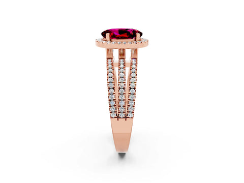 Rose gold {shape_name} Garnet Halo Engagement Ring with Split Shank and Four-Prong Setting_2