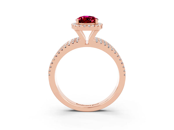 Rose gold Pear Cut Garnet Halo Engagement Ring with Split Shank and Four-Prong Setting