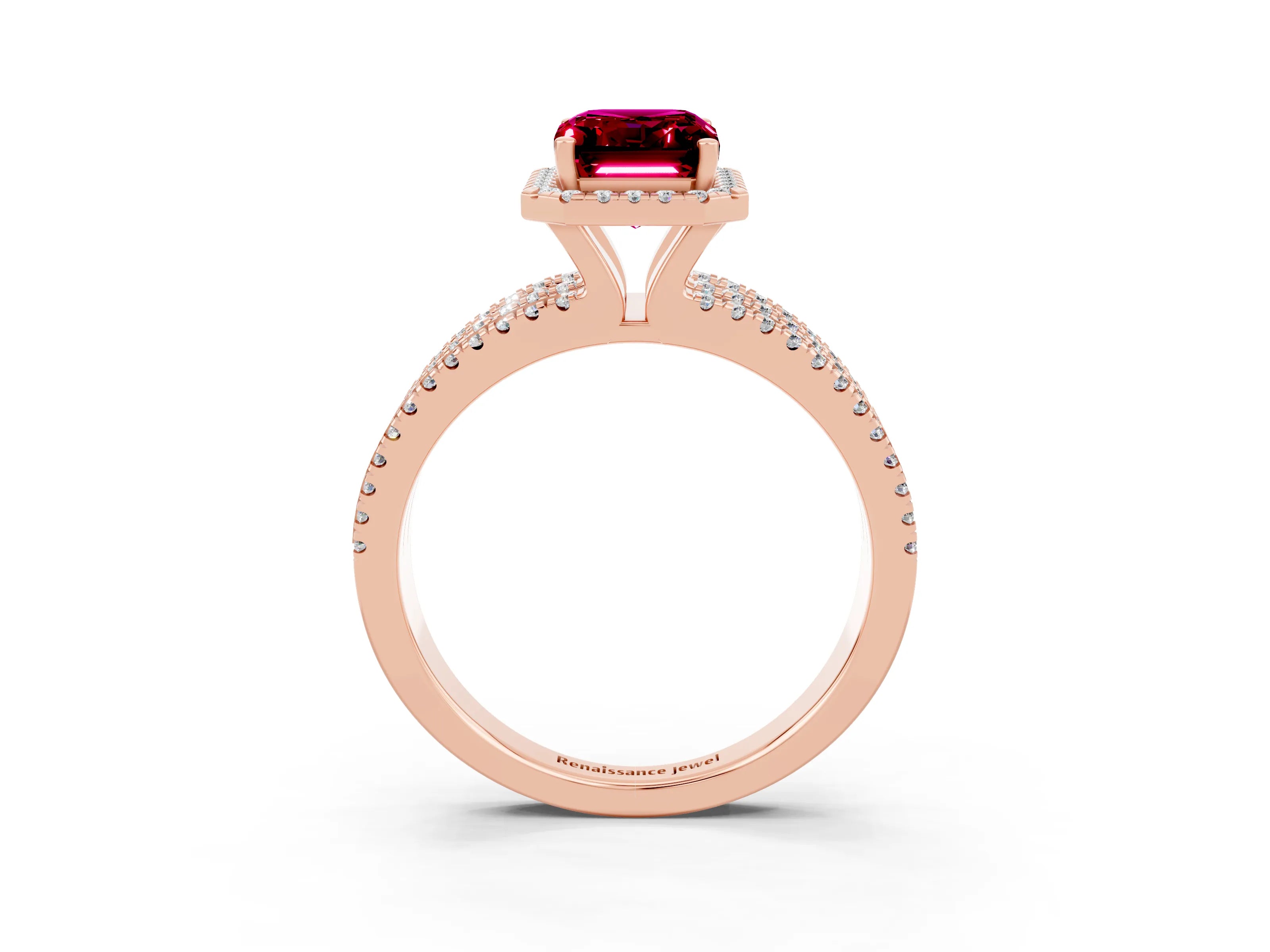 Rose gold {shape_name} Garnet Halo Engagement Ring with Split Shank and Four-Prong Setting_3