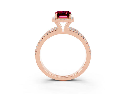 Rose gold {shape_name} Garnet Halo Engagement Ring with Split Shank and Four-Prong Setting_3