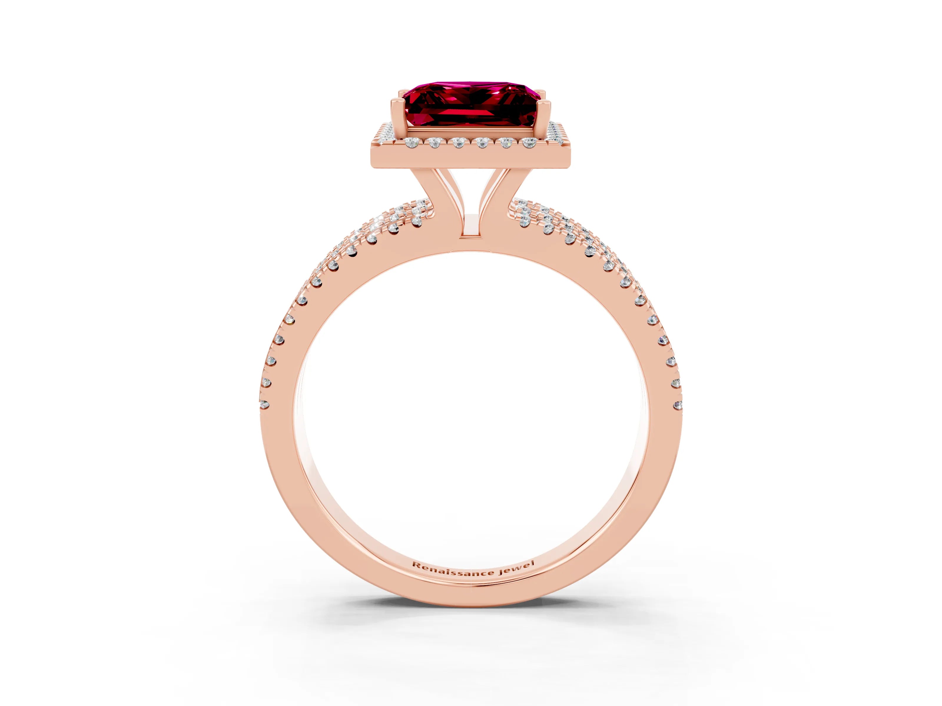 Rose gold {shape_name} Garnet Halo Engagement Ring with Split Shank and Four-Prong Setting_3