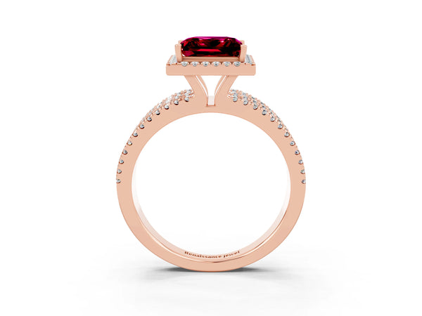 Rose gold Princess Cut Garnet Halo Engagement Ring with Split Shank and Four-Prong Setting