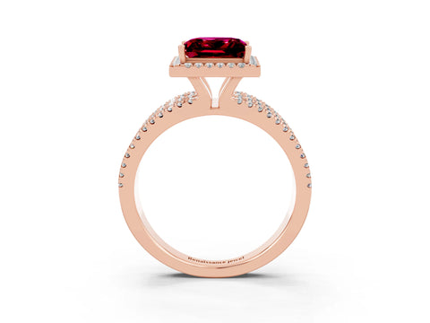 Rose gold {shape_name} Garnet Halo Engagement Ring with Split Shank and Four-Prong Setting_3