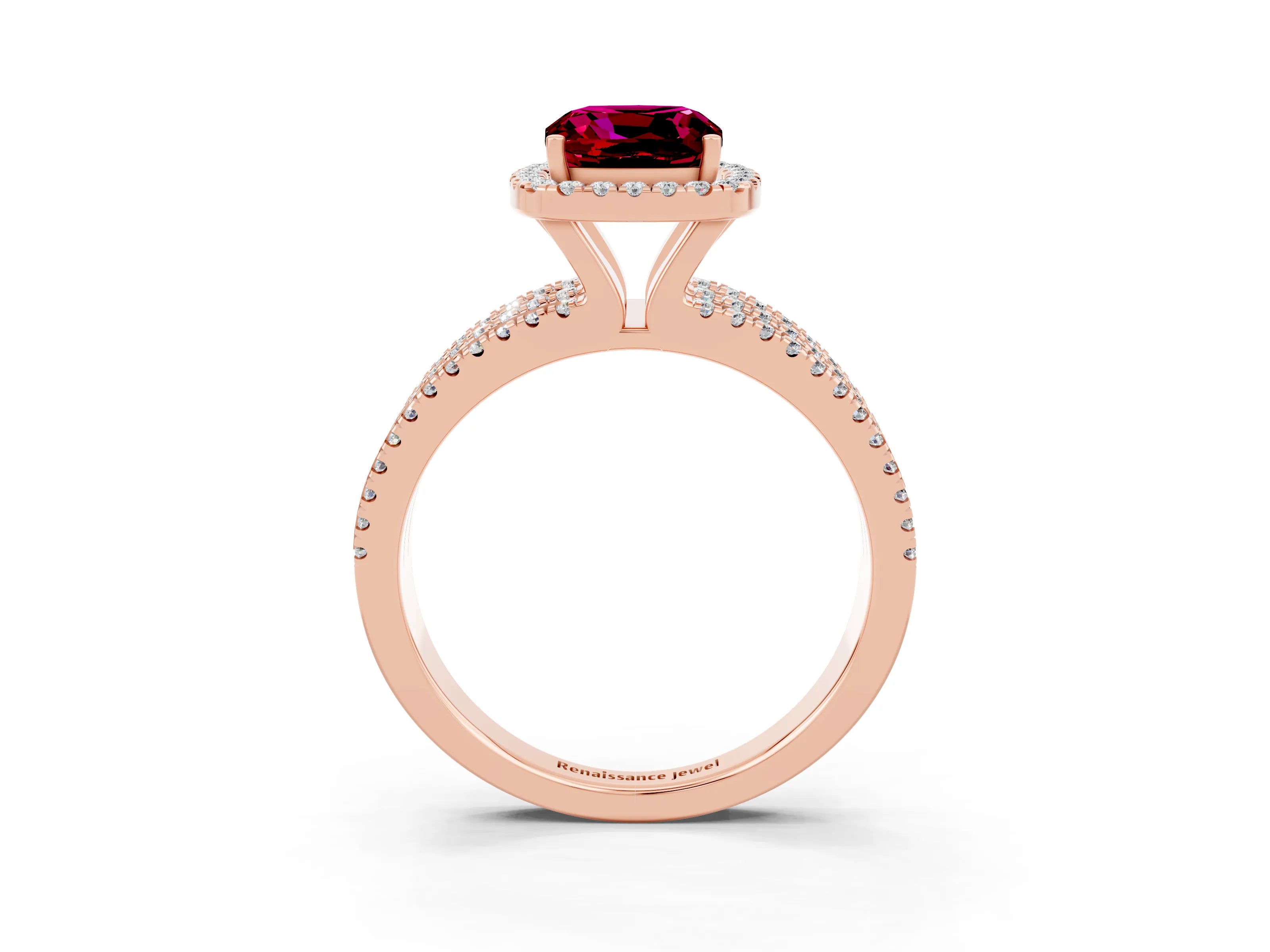 Rose gold {shape_name} Garnet Halo Engagement Ring with Split Shank and Four-Prong Setting_3