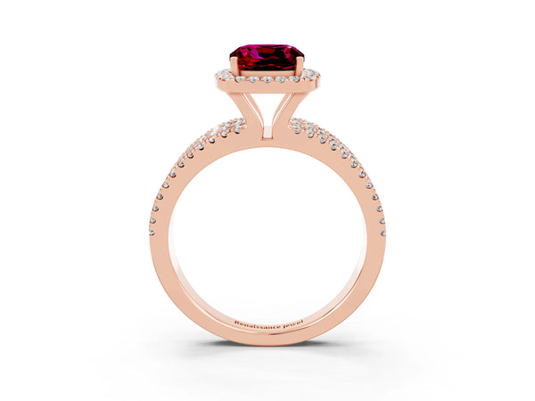 Rose gold Cushion Cut Garnet Halo Engagement Ring with Split Shank and Four-Prong Setting