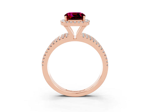 Rose gold {shape_name} Garnet Halo Engagement Ring with Split Shank and Four-Prong Setting_3