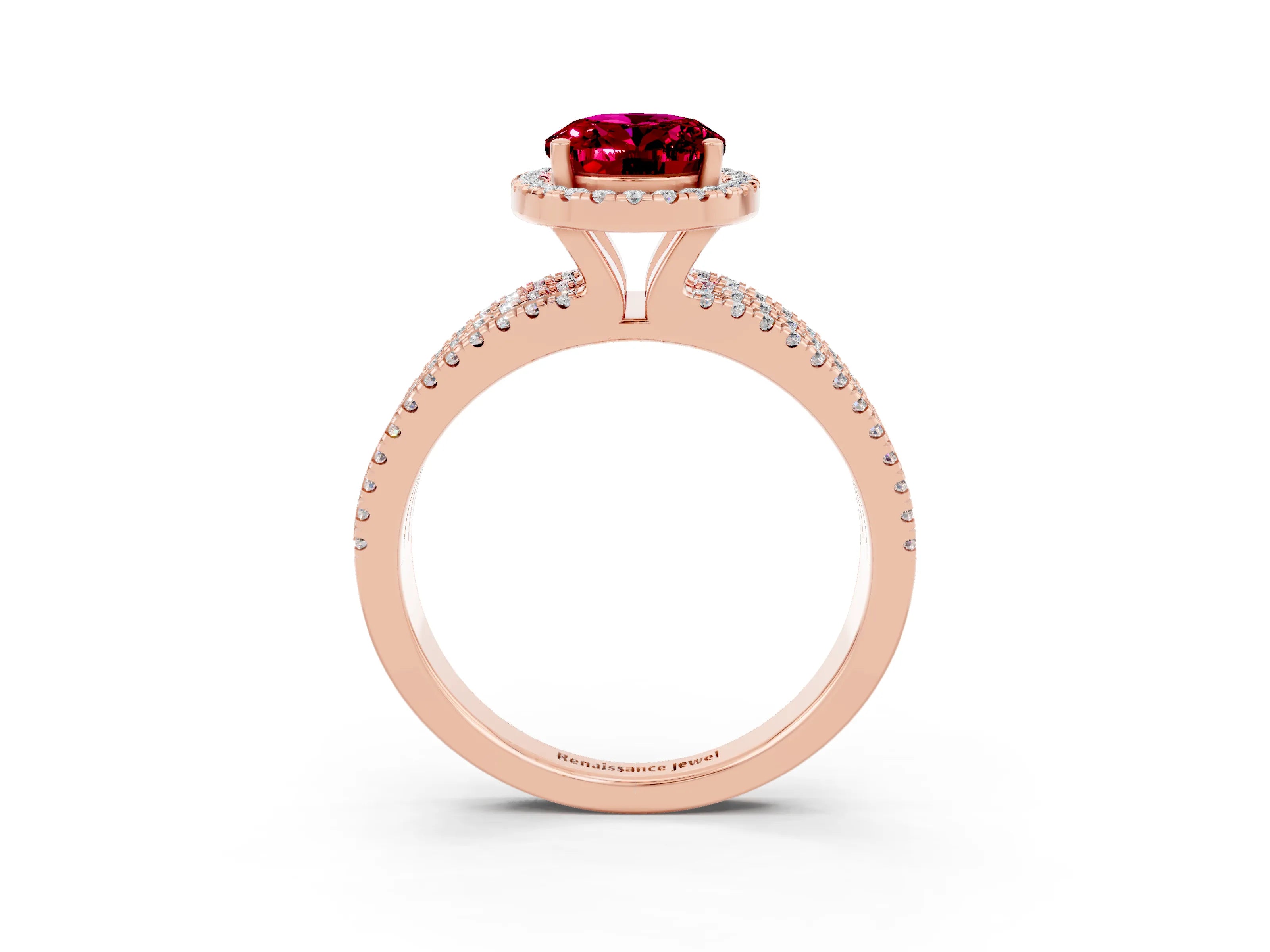 Rose gold {shape_name} Garnet Halo Engagement Ring with Split Shank and Four-Prong Setting_3