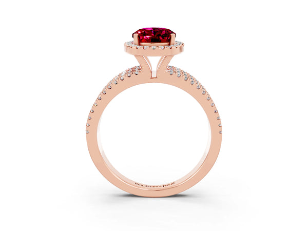 Rose gold Oval Cut Garnet Halo Engagement Ring with Split Shank and Four-Prong Setting