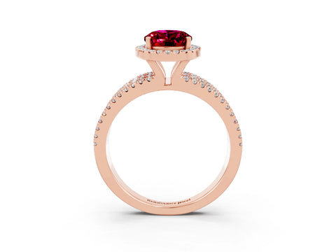 Rose gold {shape_name} Garnet Halo Engagement Ring with Split Shank and Four-Prong Setting_3