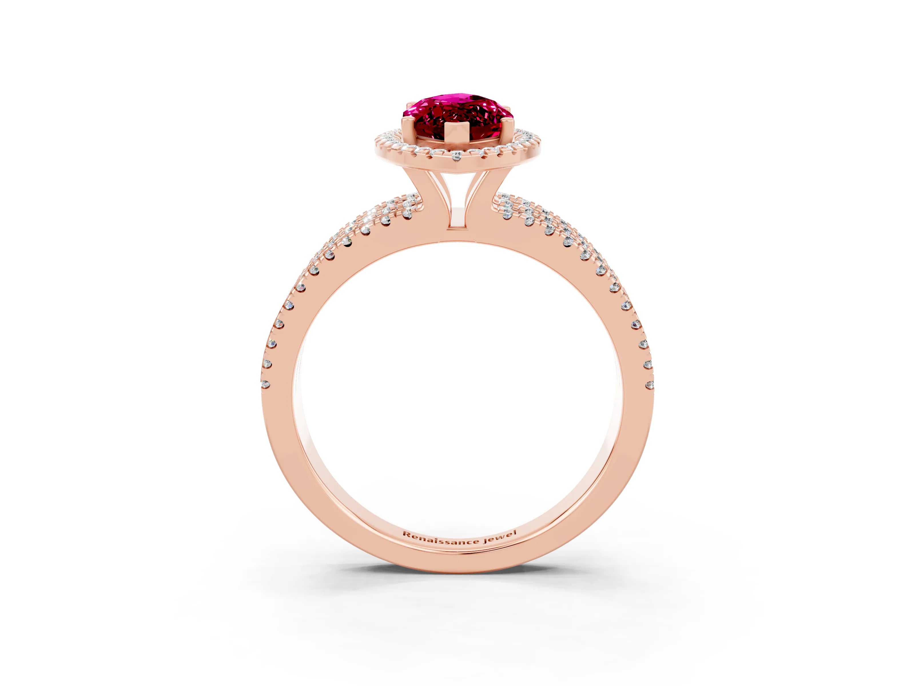 Rose gold {shape_name} Garnet Halo Engagement Ring with Split Shank and Four-Prong Setting_3
