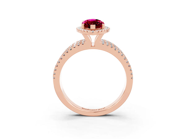 Rose gold Marquise Cut Garnet Halo Engagement Ring with Split Shank and Four-Prong Setting