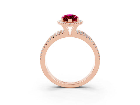 Rose gold {shape_name} Garnet Halo Engagement Ring with Split Shank and Four-Prong Setting_3