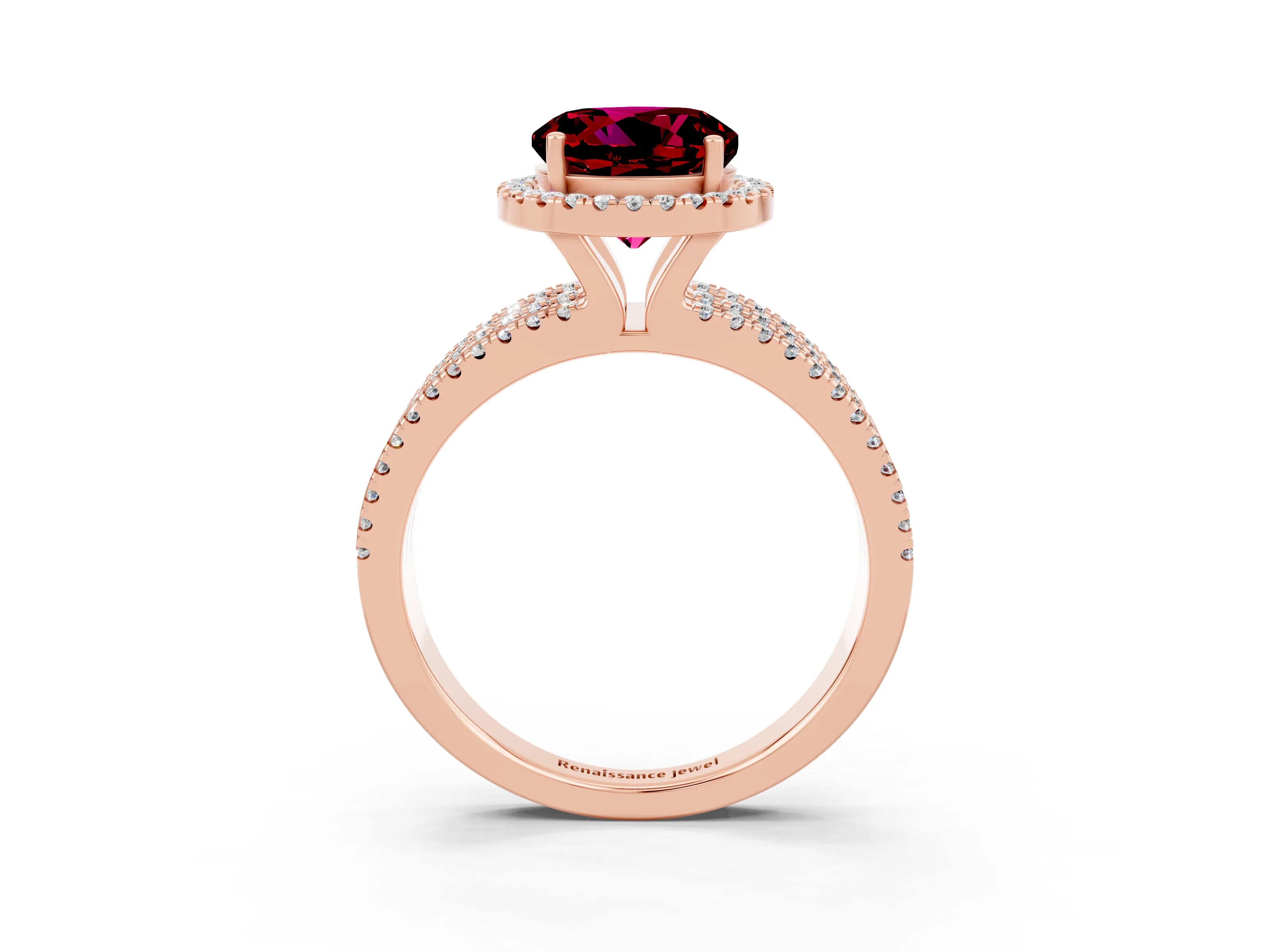 Rose gold {shape_name} Garnet Halo Engagement Ring with Split Shank and Four-Prong Setting_3