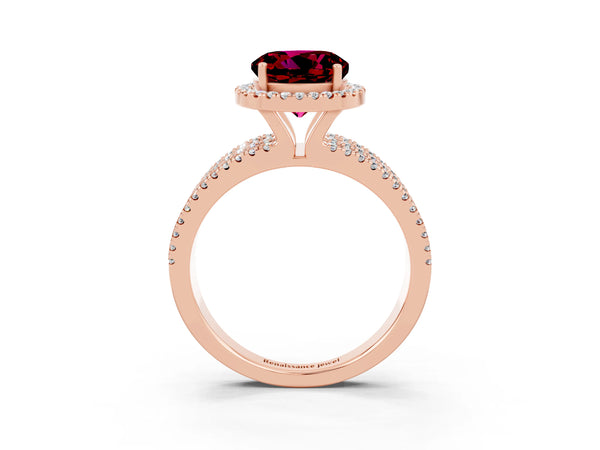 Rose gold Round Cut Garnet Halo Engagement Ring with Split Shank and Four-Prong Setting