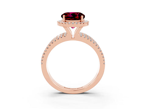 Rose gold {shape_name} Garnet Halo Engagement Ring with Split Shank and Four-Prong Setting_3