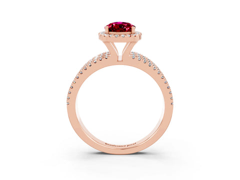 Rose gold {shape_name} Garnet Halo Engagement Ring with Split Shank and Four-Prong Setting_3