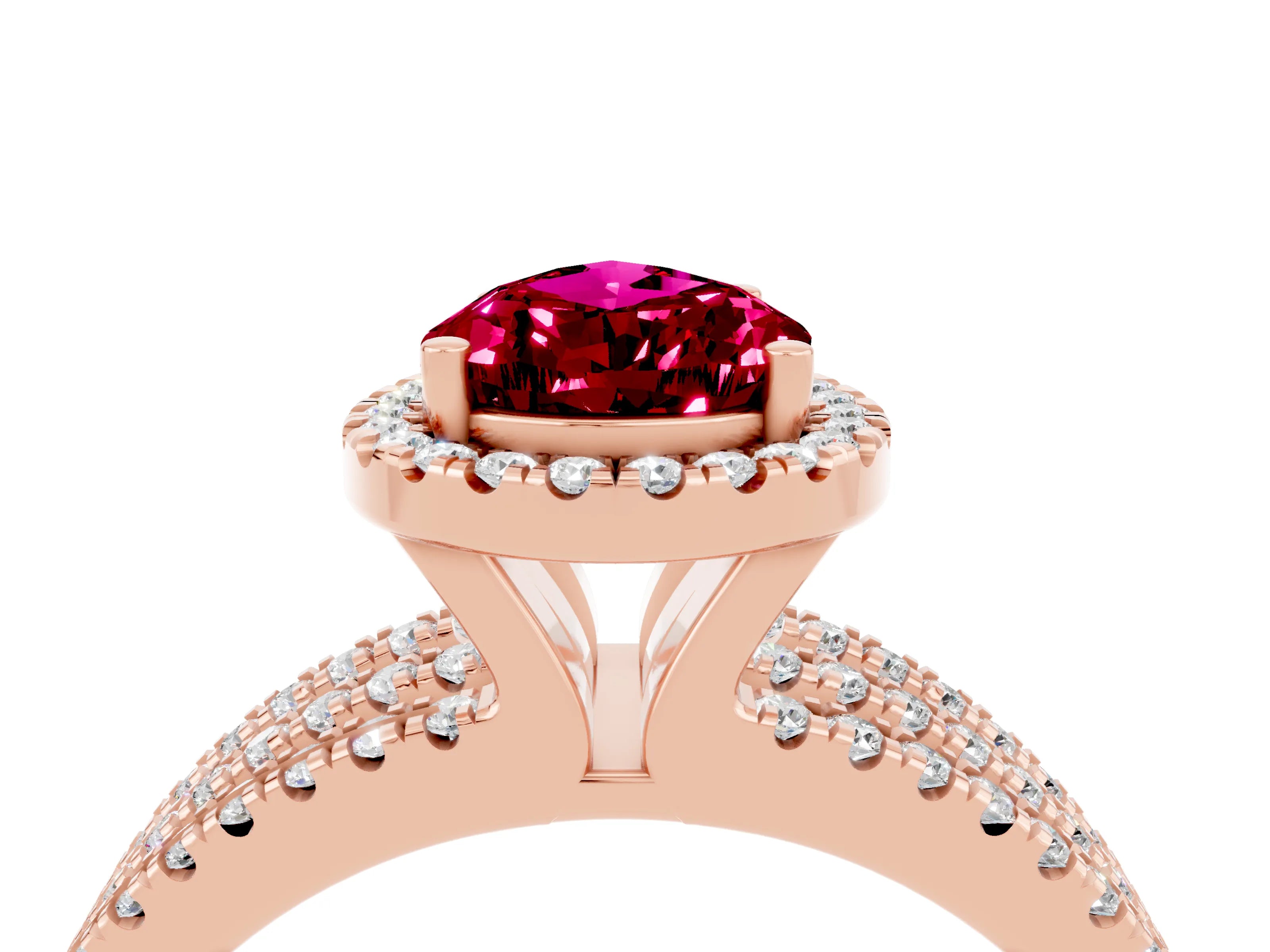Rose gold {shape_name} Garnet Halo Engagement Ring with Split Shank and Four-Prong Setting_4