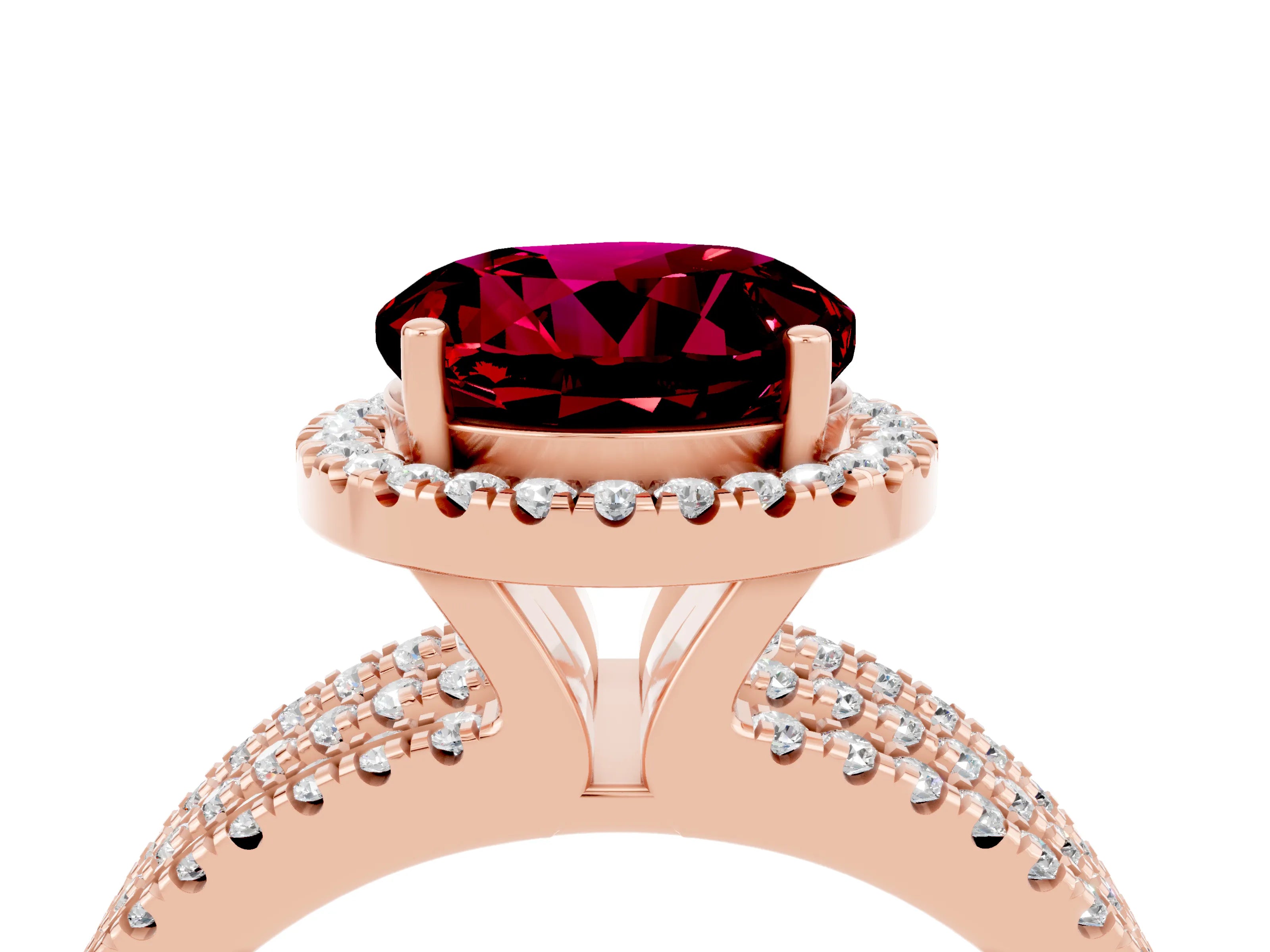 Rose gold {shape_name} Garnet Halo Engagement Ring with Split Shank and Four-Prong Setting_4