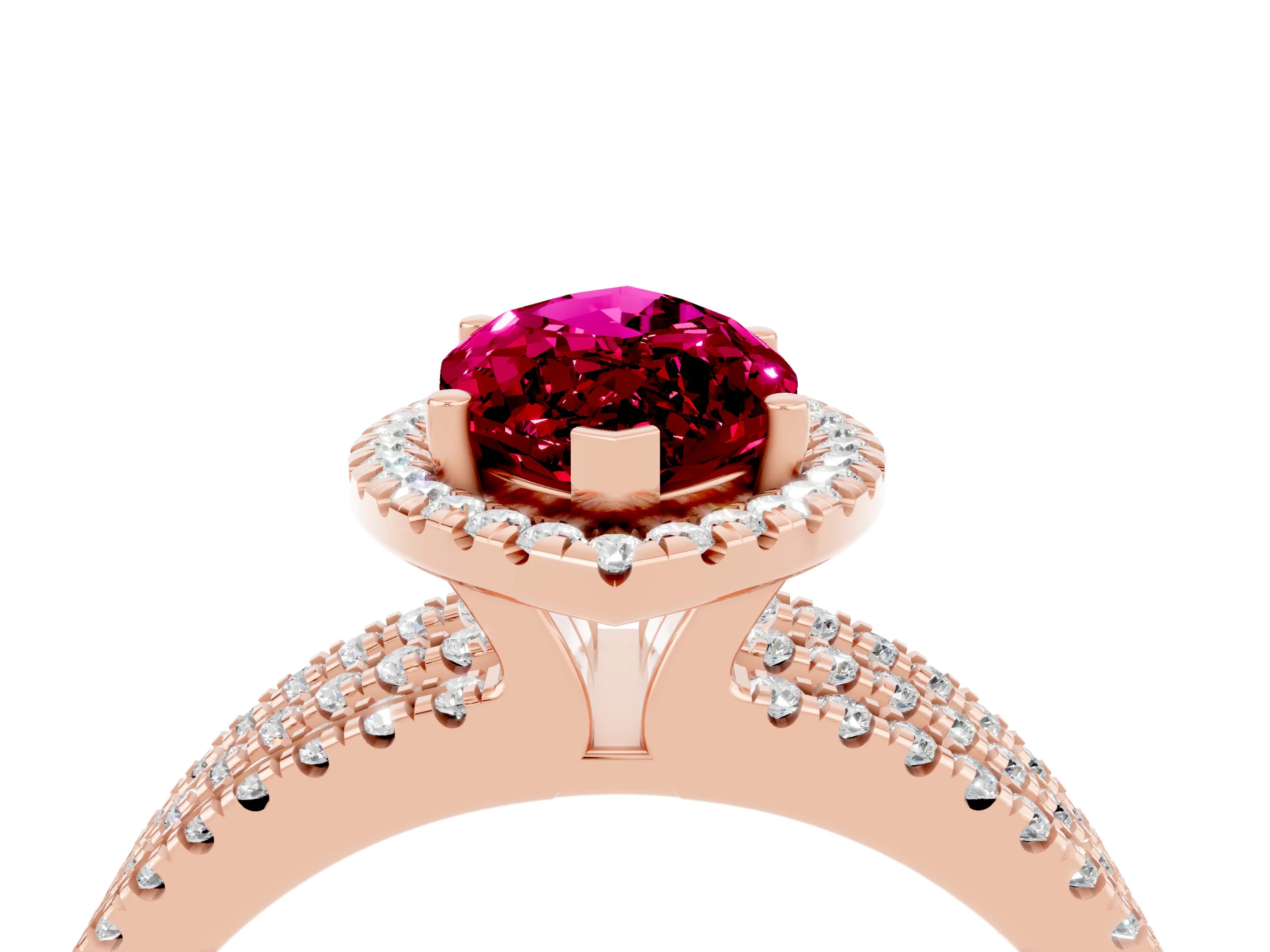 Rose gold {shape_name} Garnet Halo Engagement Ring with Split Shank and Four-Prong Setting_4