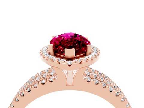 Rose gold {shape_name} Garnet Halo Engagement Ring with Split Shank and Four-Prong Setting_4