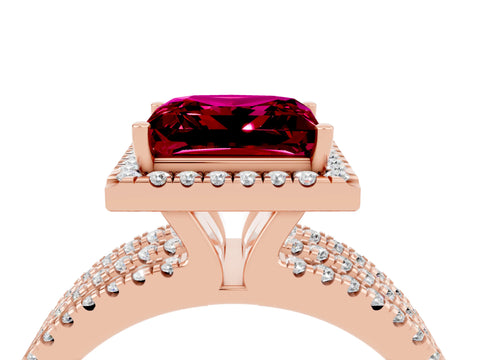 Rose gold {shape_name} Garnet Halo Engagement Ring with Split Shank and Four-Prong Setting_4