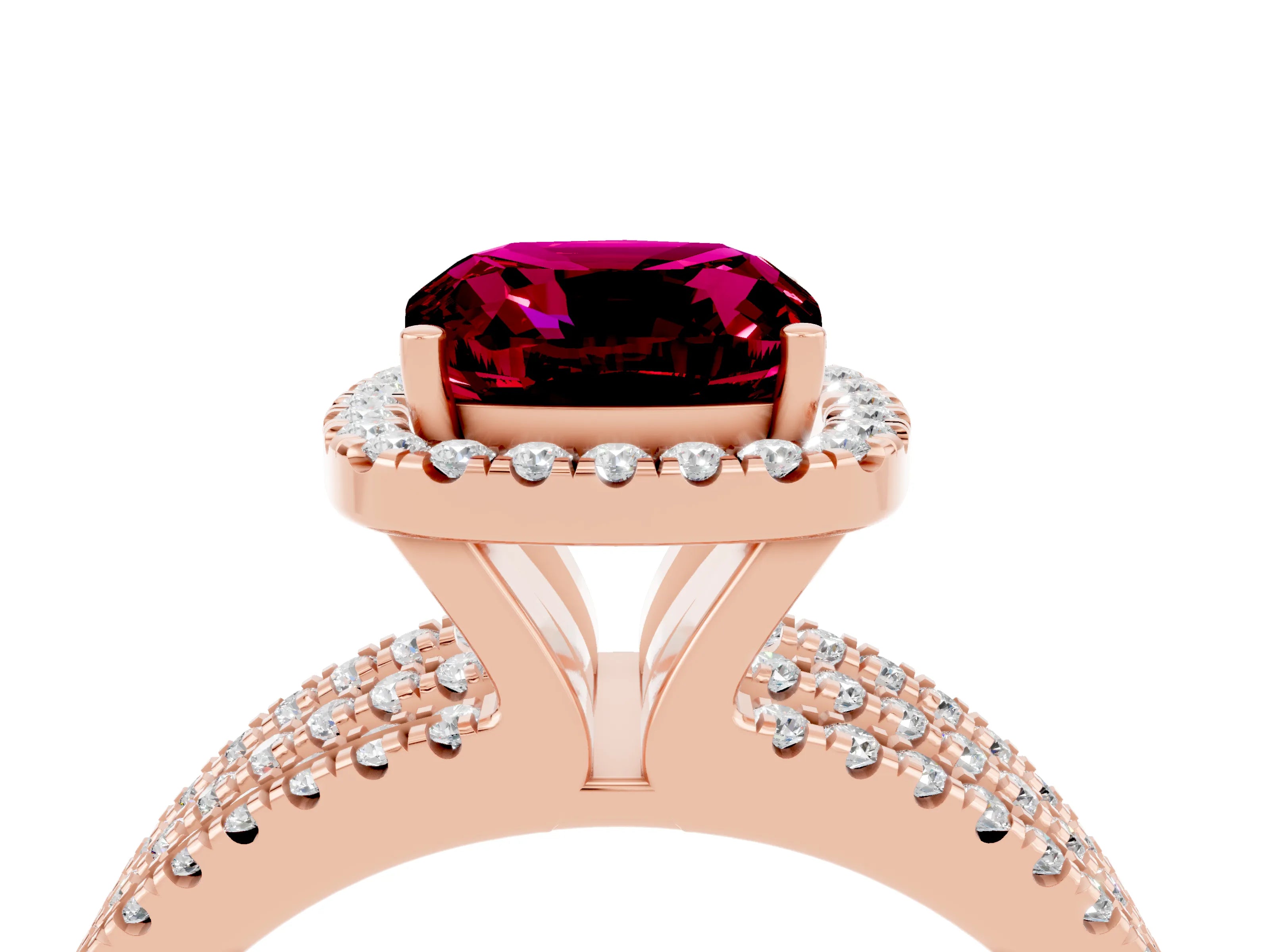 Rose gold {shape_name} Garnet Halo Engagement Ring with Split Shank and Four-Prong Setting_4