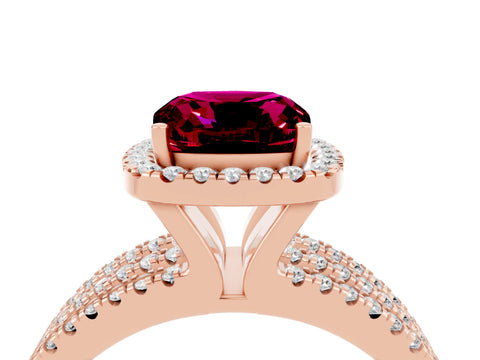 Rose gold {shape_name} Garnet Halo Engagement Ring with Split Shank and Four-Prong Setting_4