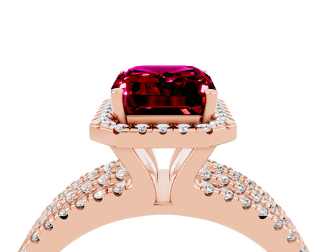 Rose gold {shape_name} Garnet Halo Engagement Ring with Split Shank and Four-Prong Setting_4