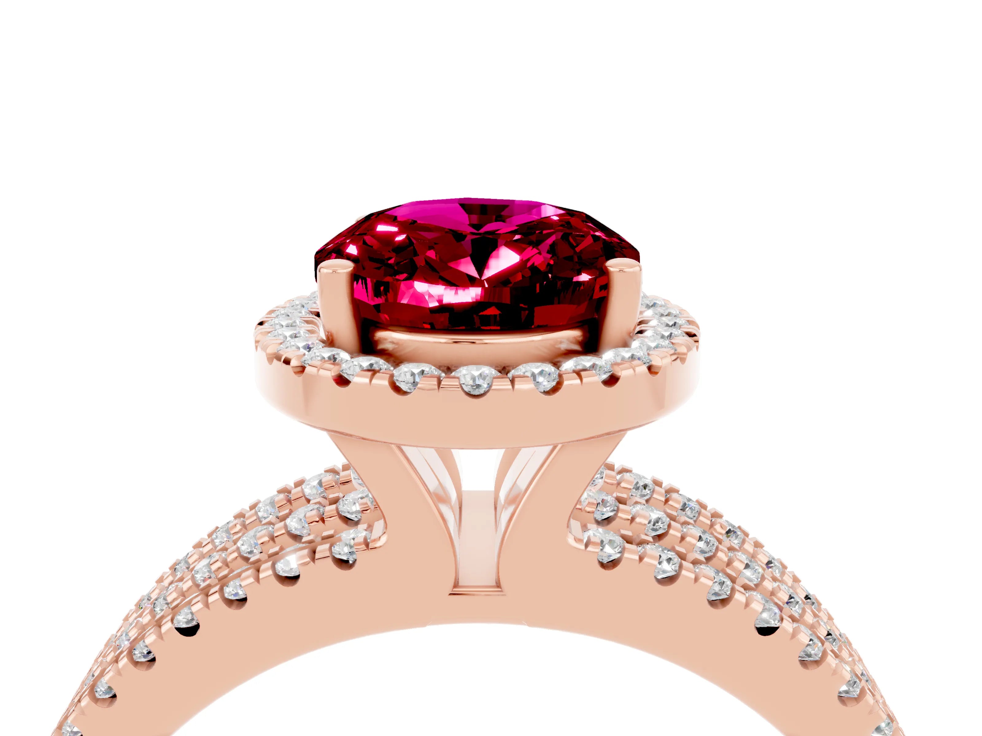 Rose gold {shape_name} Garnet Halo Engagement Ring with Split Shank and Four-Prong Setting_4