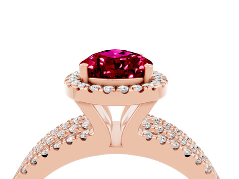Rose gold {shape_name} Garnet Halo Engagement Ring with Split Shank and Four-Prong Setting_4