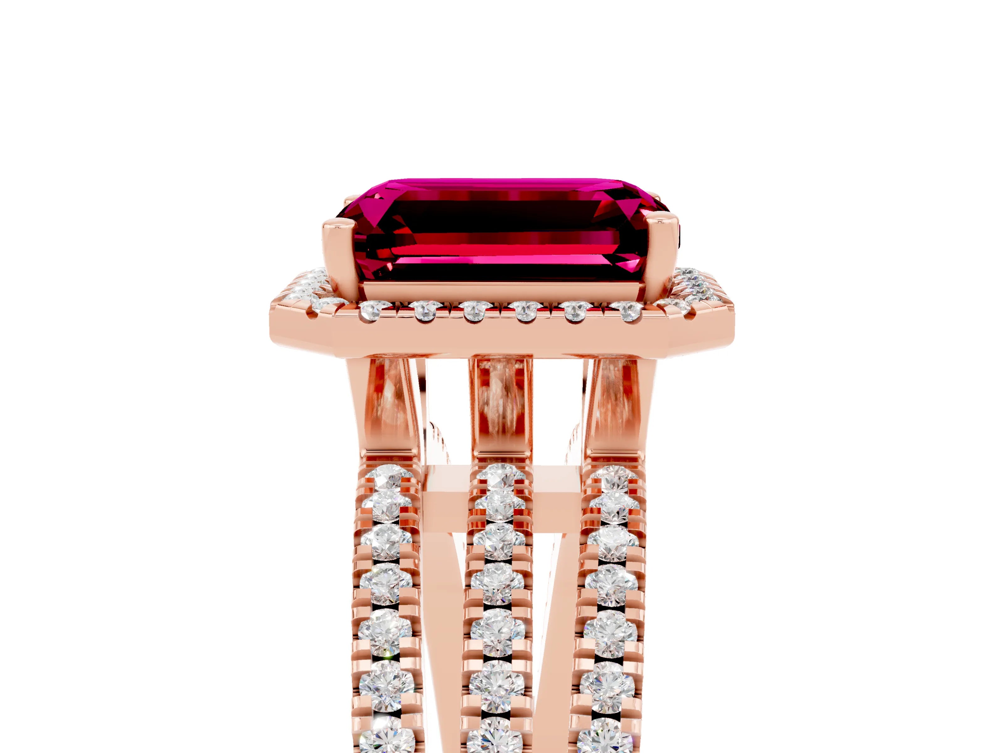 Rose gold {shape_name} Garnet Halo Engagement Ring with Split Shank and Four-Prong Setting_5