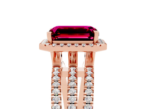 Rose gold {shape_name} Garnet Halo Engagement Ring with Split Shank and Four-Prong Setting_5