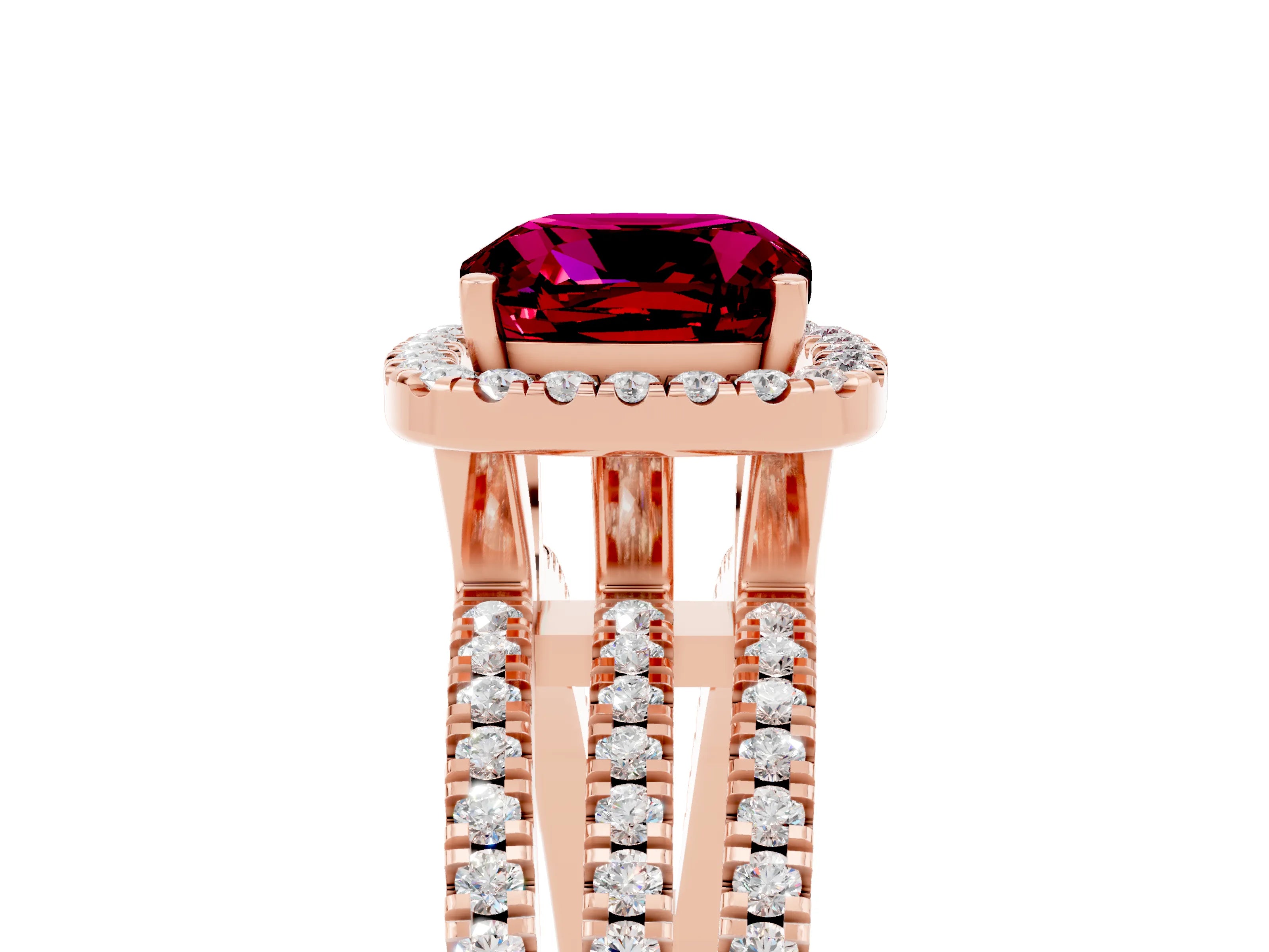 Rose gold {shape_name} Garnet Halo Engagement Ring with Split Shank and Four-Prong Setting_5