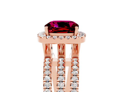Rose gold {shape_name} Garnet Halo Engagement Ring with Split Shank and Four-Prong Setting_5