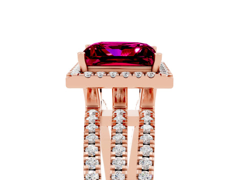 Rose gold {shape_name} Garnet Halo Engagement Ring with Split Shank and Four-Prong Setting_5