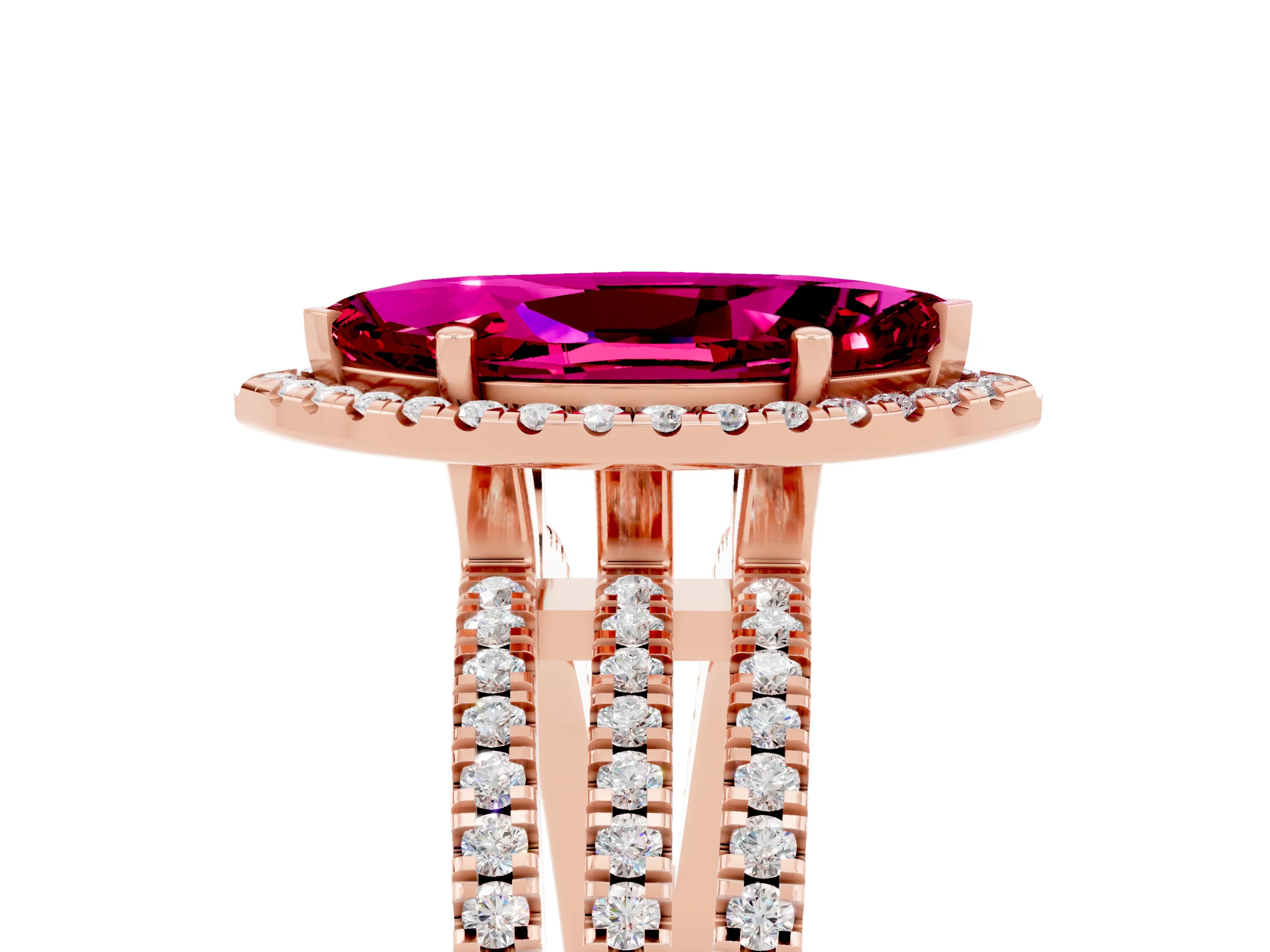 Rose gold {shape_name} Garnet Halo Engagement Ring with Split Shank and Four-Prong Setting_5
