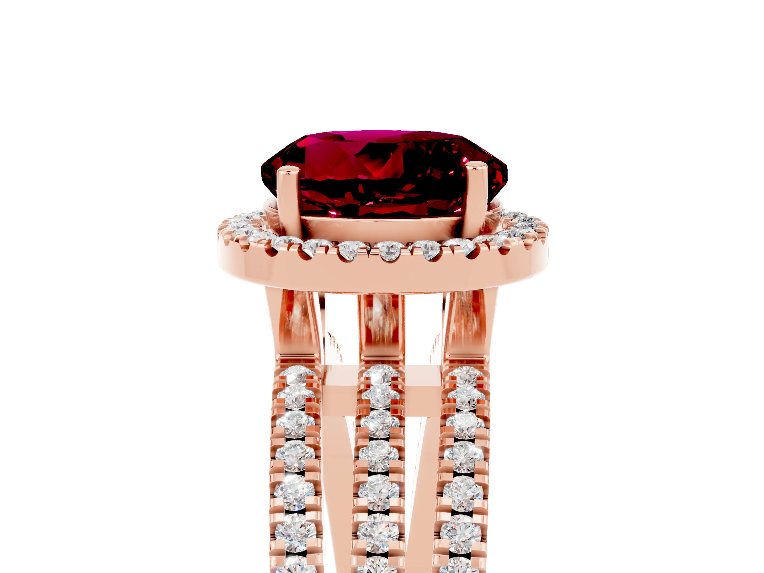 Rose gold {shape_name} Garnet Halo Engagement Ring with Split Shank and Four-Prong Setting_5